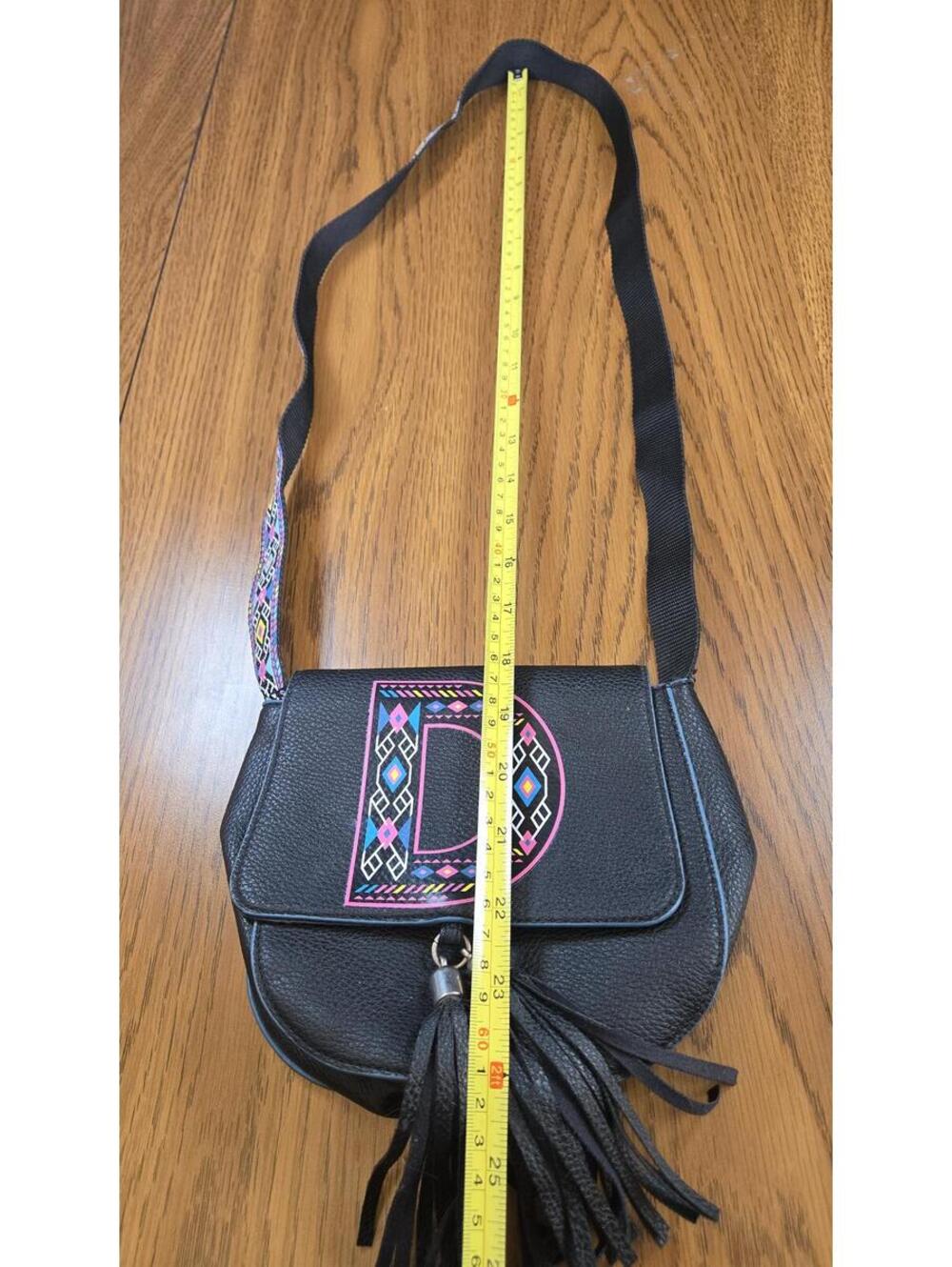 Justice Black Crossbody Bag with Colorful Patterned Strap and Tassels - Picture 6 of 7